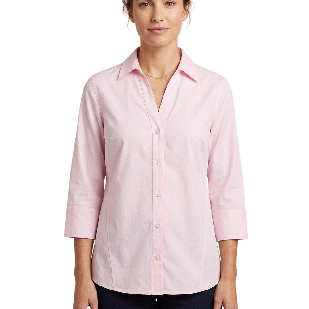 Foxcroft Button Down Shirt Women Medium Cotton Pink 3/4 Sleeve Non Iron Stretch